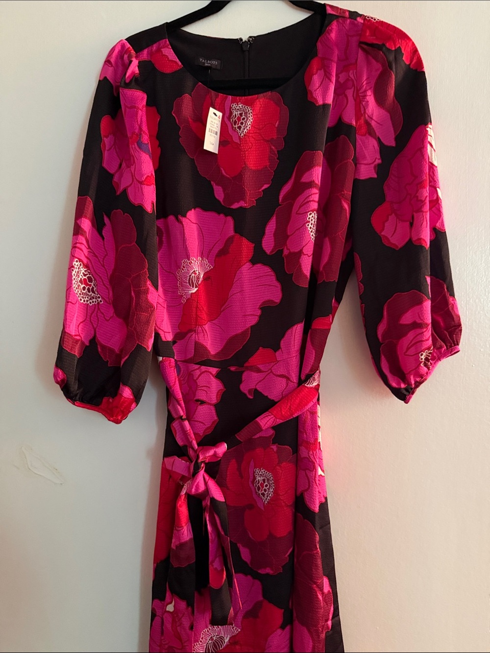 NEW - Talbots Black Midi Dress with Bright Pink Floral Print
